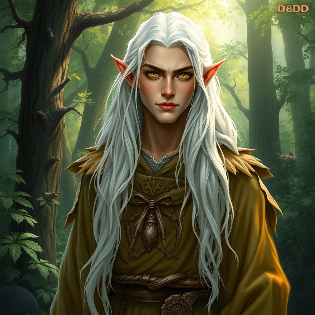 A male D&D wild elf druid, featuring long flowing white hair and striking green eyes
