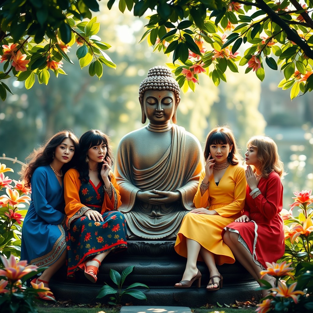 An artistic interpretation of the iconic Spice Girls, each styled in unique vibrant colors and fashion reflecting their personalities, visually interacting with a serene Buddha in a tranquil garden setting