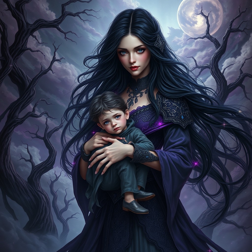 A mesmerizing and fantasy-inspired artwork depicting Lilith, a powerful figure with long flowing dark hair and ornate clothing, cradling the Antichrist, a young boy with an aura of mystery