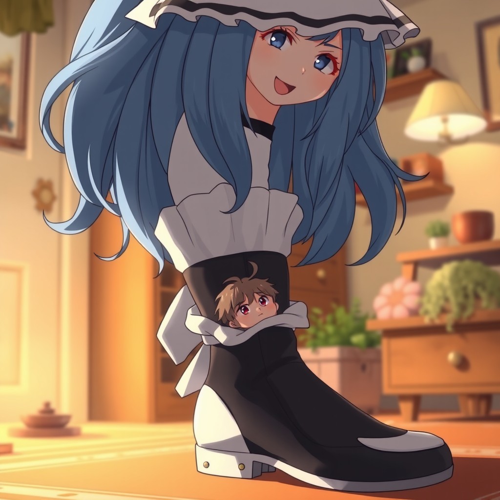 A giantess character, resembling Rem from anime, with long blue hair and characteristic maid attire, standing in a cozy, warm-toned room