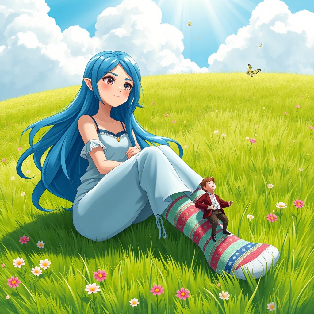 A giantess named Rem, with her long blue hair flowing elegantly, is sitting casually on a vibrant green grassy field