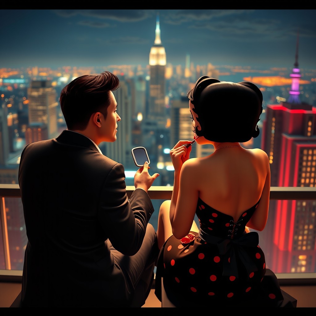 A playful scene of Betty Boop and her boyfriend sitting together on a high balcony with a stunning city view behind them