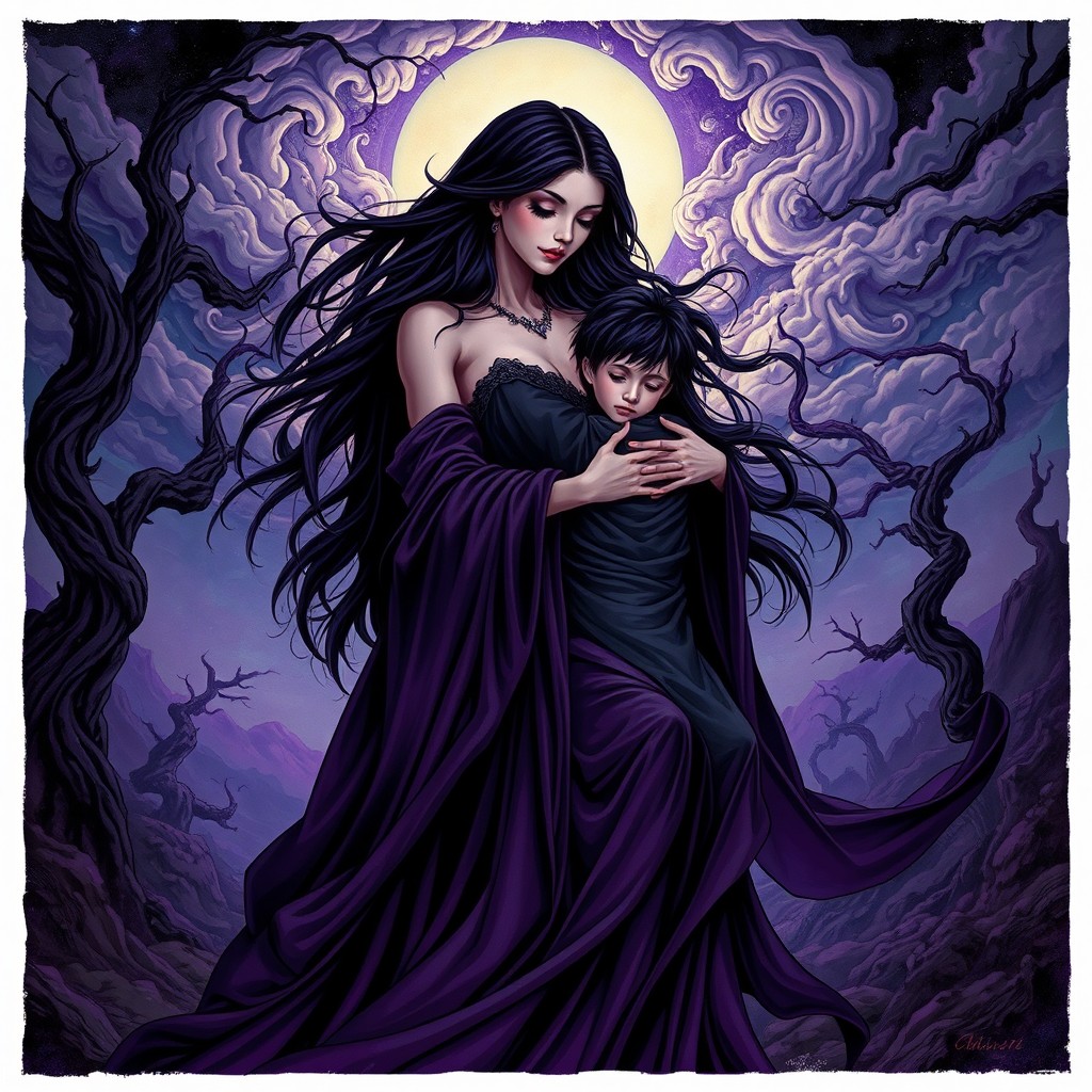 An intriguing and mystical illustration of Lilith, a powerful and enchanting figure with long dark hair, gently cradling the Antichrist, a young boy with an aura of mystery
