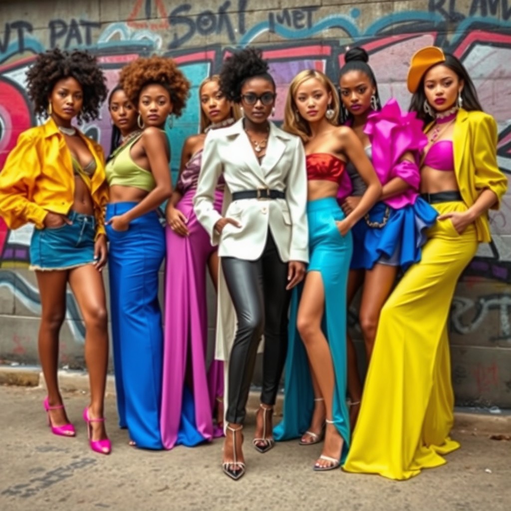 A stunning fashion photoshoot featuring diverse fashion models showcasing a variety of high-end clothing styles, vibrant colors, and unique accessories set in an urban environment