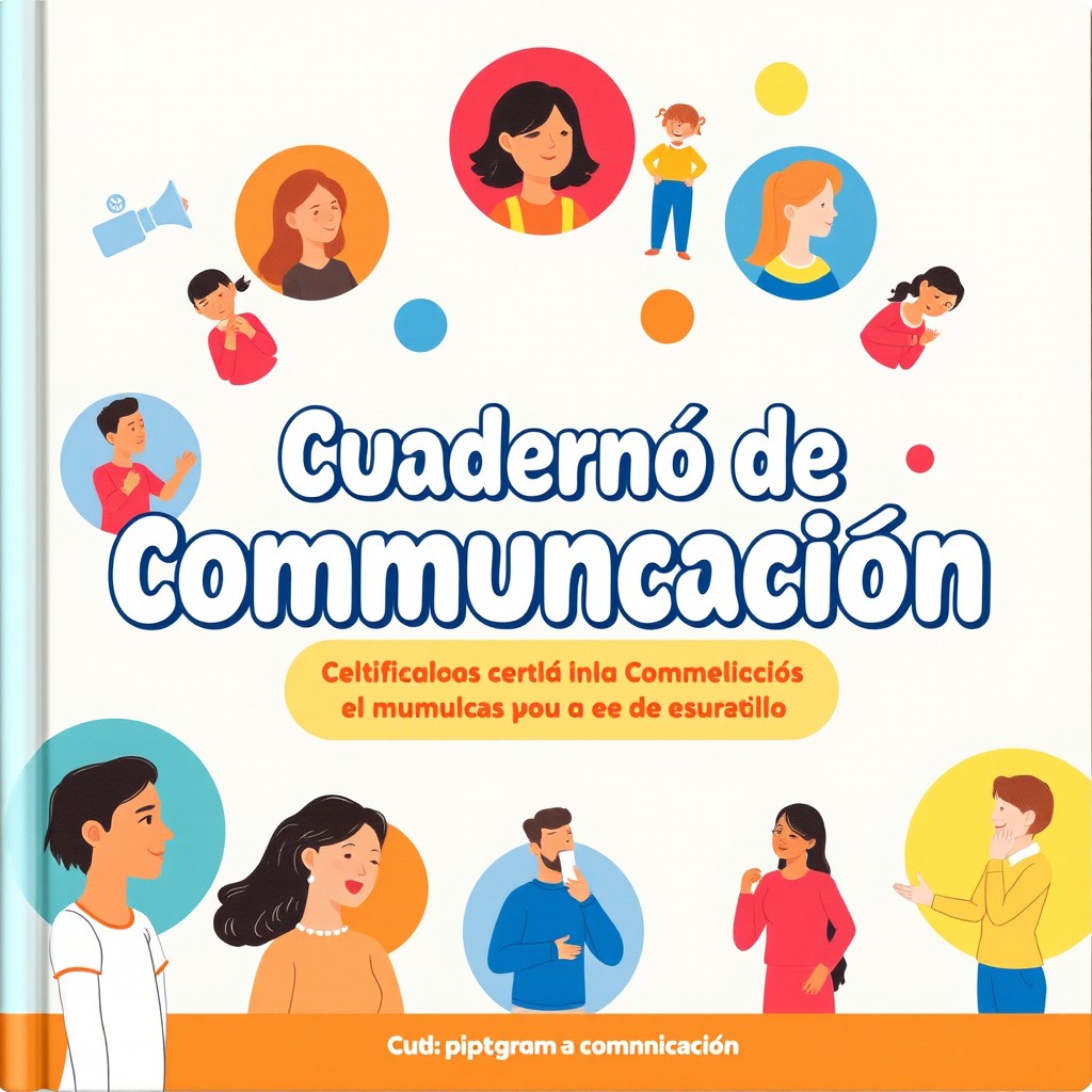 A vibrant and engaging cover design for a pictogram book titled 'Cuaderno de Comunicación', aimed at facilitating communication with disabled individuals