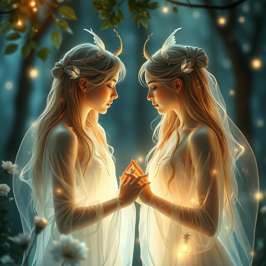 A stunningly ethereal scene capturing intimacy between two mystical beings, surrounded by a soft, glowing light