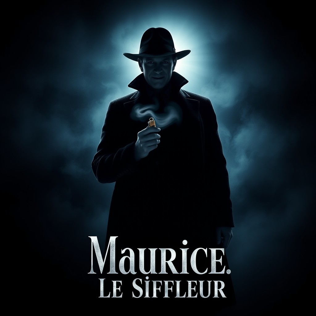 A gripping movie poster for 'Maurice, Le Siffleur' featuring a dark, atmospheric background with a silhouette of a mysterious man, Maurice, standing confidently with a faint light shining behind him, revealing his enigmatic smile