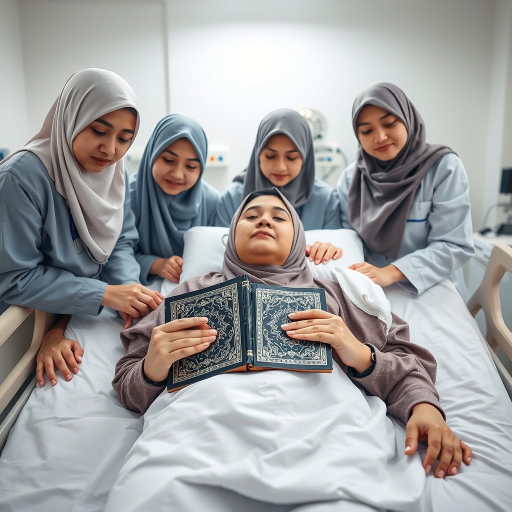 A woman lying in a hospital bed, with a Quran resting on her chest, surrounded by four female doctors dressed in traditional hijabs