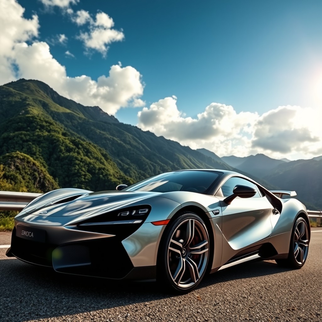 A sleek, modern sports car parked on a scenic mountain road, showcasing its aerodynamic design and shiny metallic paint