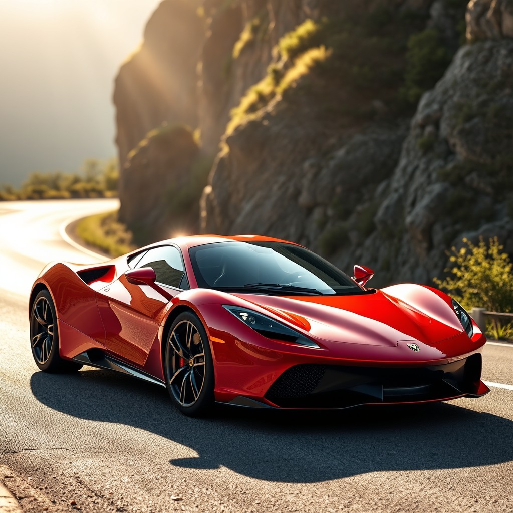 A sleek, modern sports car displayed in a dynamic pose, glinting under bright sunlight