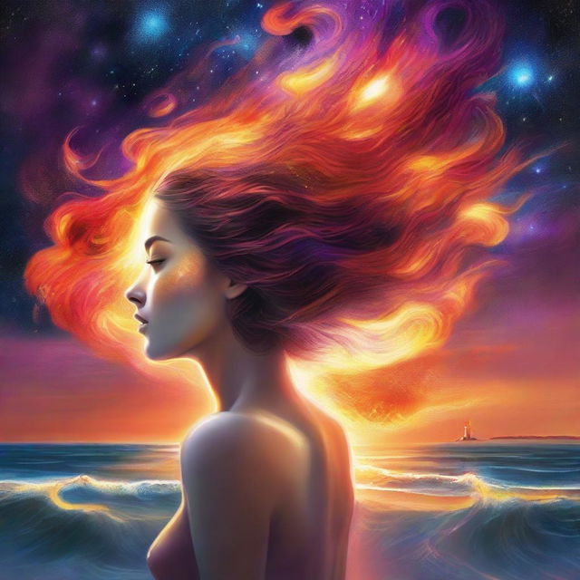 Create a fantastical drawing of a side-profile woman with skin like flames against the backdrop of a sunset beach scene, enhanced by the dramatic spectacle of colliding galaxies.