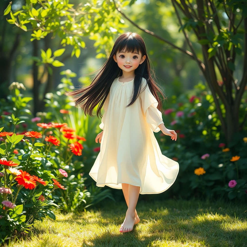 A beautiful Chinese girl standing barefoot in a serene outdoor setting, surrounded by lush greenery and colorful flowers
