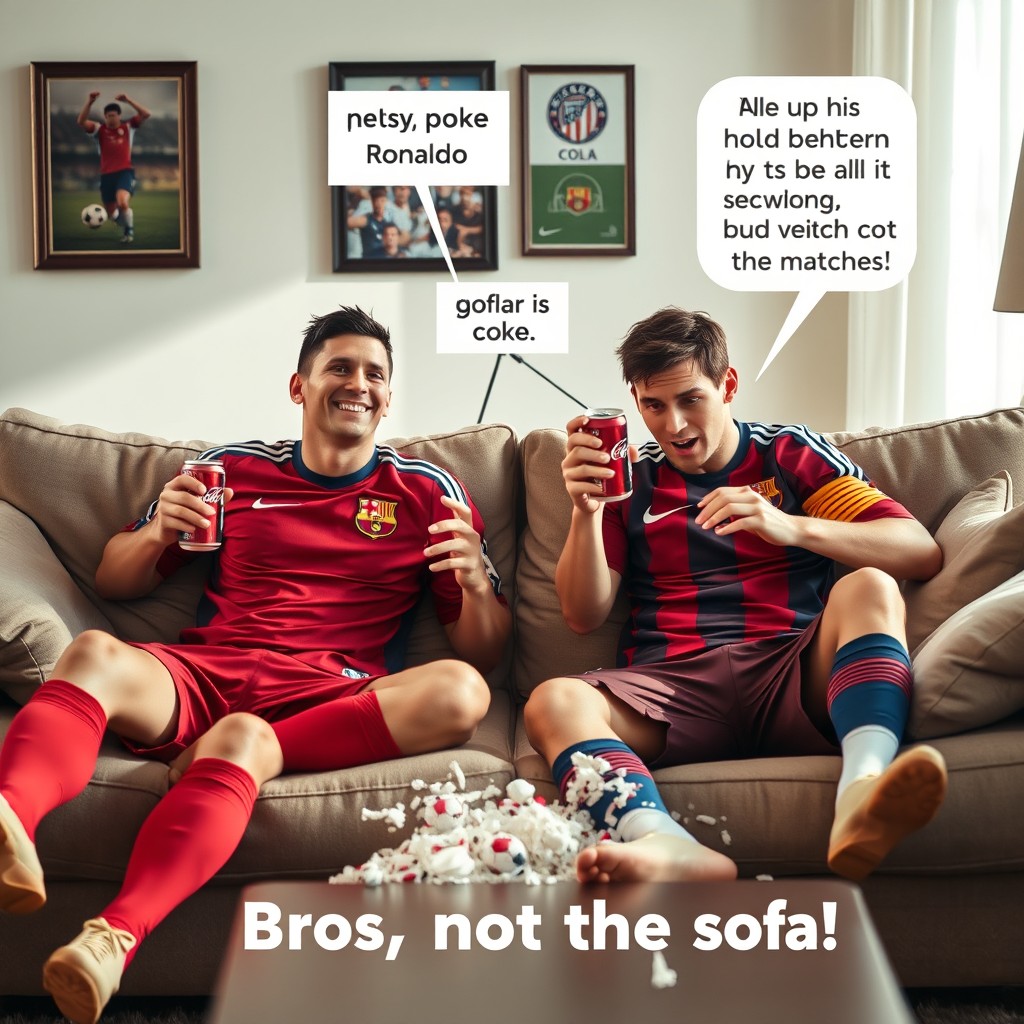 A humorous scene of two famous soccer players, Ronaldo and Messi, lounging on a comfortable, plush sofa in a modern living room