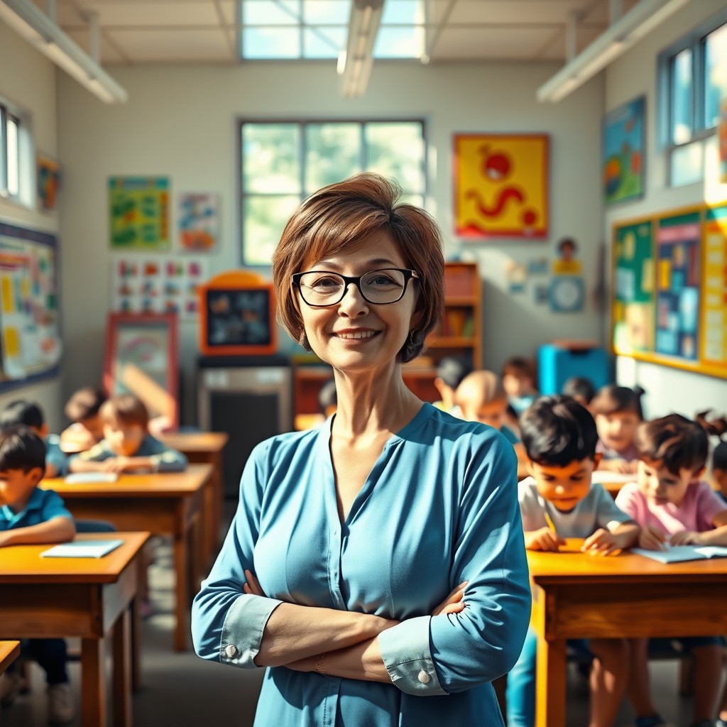 A high-quality digital art piece depicting a teacher in a vibrant classroom setting