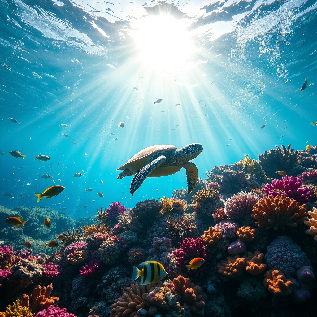 An underwater scene depicting the impact of microplastic pollution in marine environments