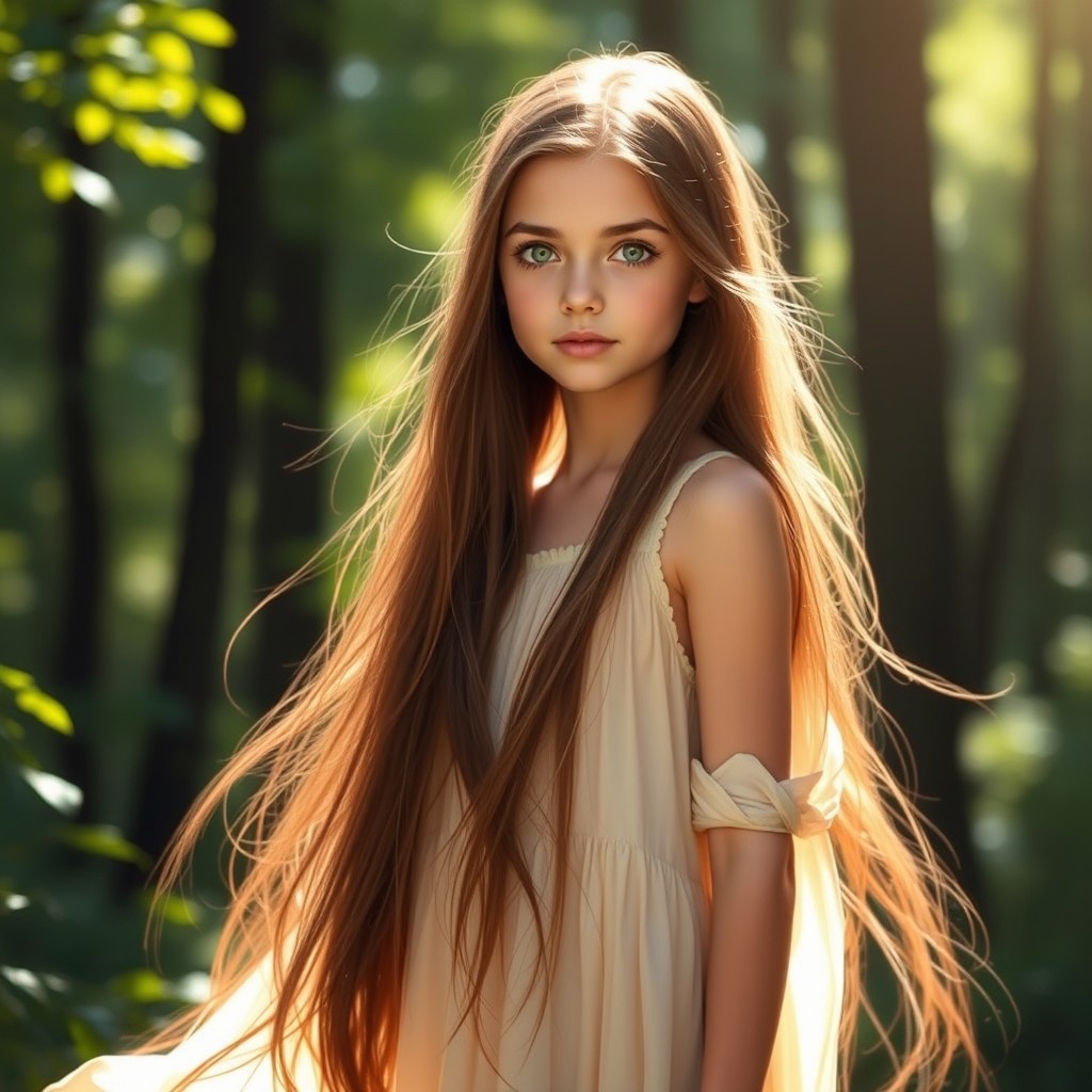 A tall girl with long brown hair flowing elegantly down her back, her striking hazel green eyes capturing attention