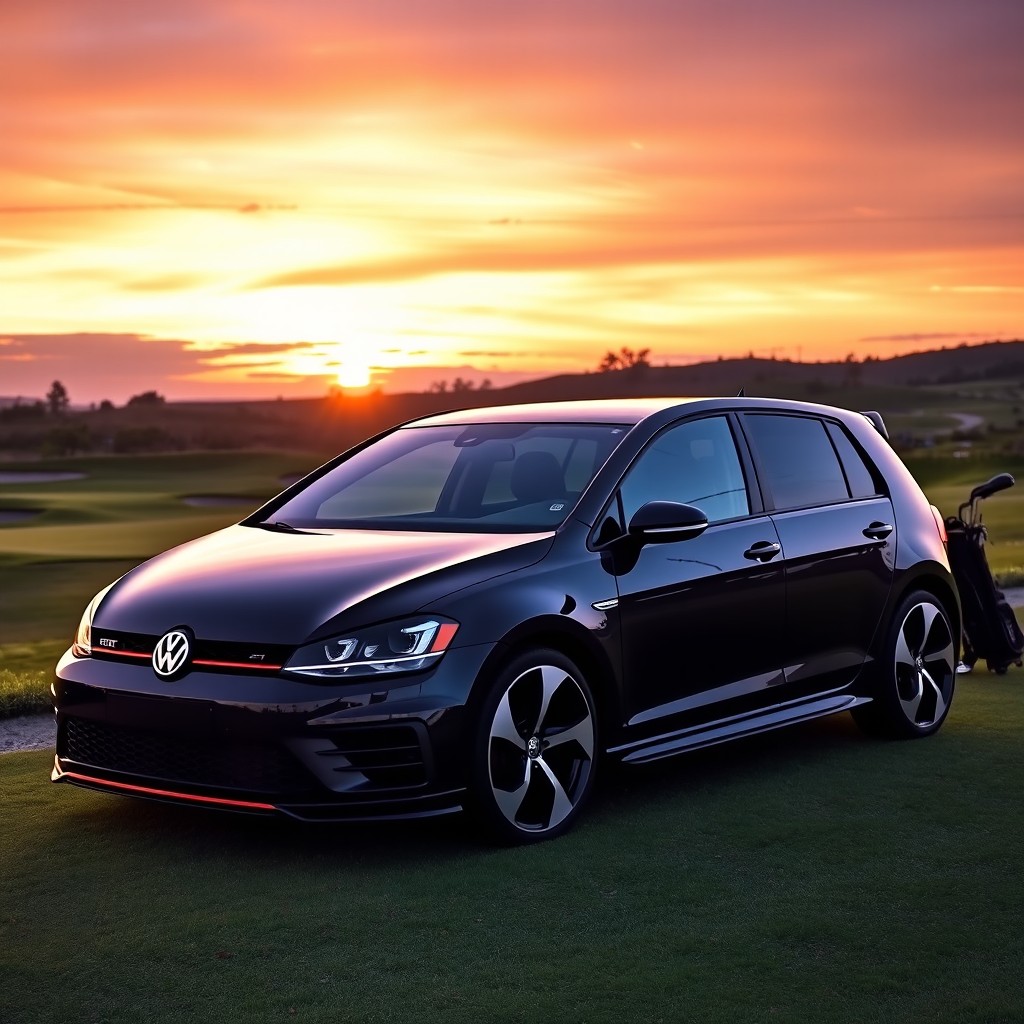 A sleek black Volkswagen Golf GTI MK7 parked on a scenic golf course during sunset, showcasing its aerodynamic design, glossy finish, and sporty accents
