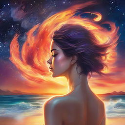 Create a fantastical drawing of a side-profile woman with skin like flames against the backdrop of a sunset beach scene, enhanced by the dramatic spectacle of colliding galaxies.