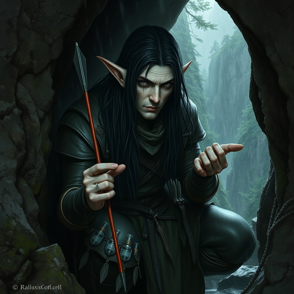 A tall, pale, cynical elf assassin with sharp gray eyes and very long black hair featuring a Roman nose adorned with a scar running from the corner of his mouth to his cheek