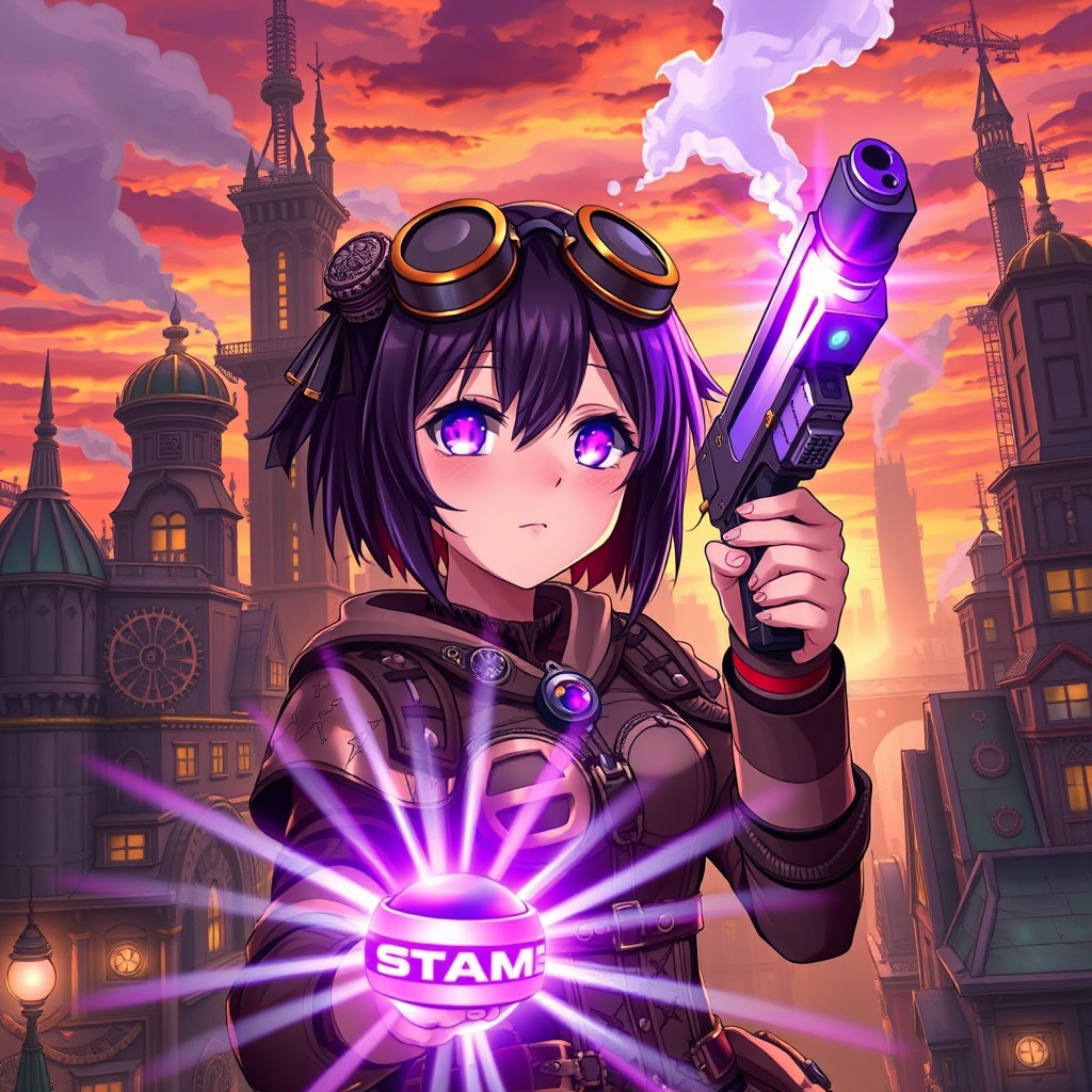 An anime-inspired steampunk cityscape during sunset, showcasing intricate architectural designs, large gears, and wisps of steam rising through the air