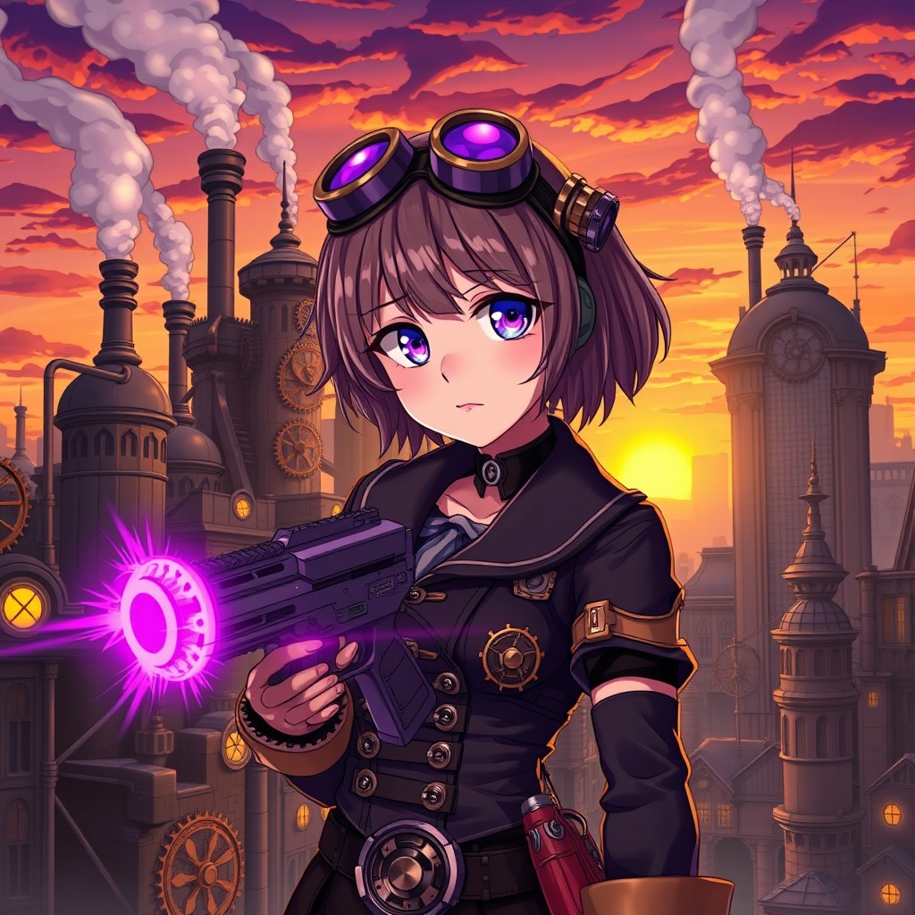 An anime-inspired steampunk cityscape at sunset, showcasing intricate architecture with gears, pipes, and steam rising into the air