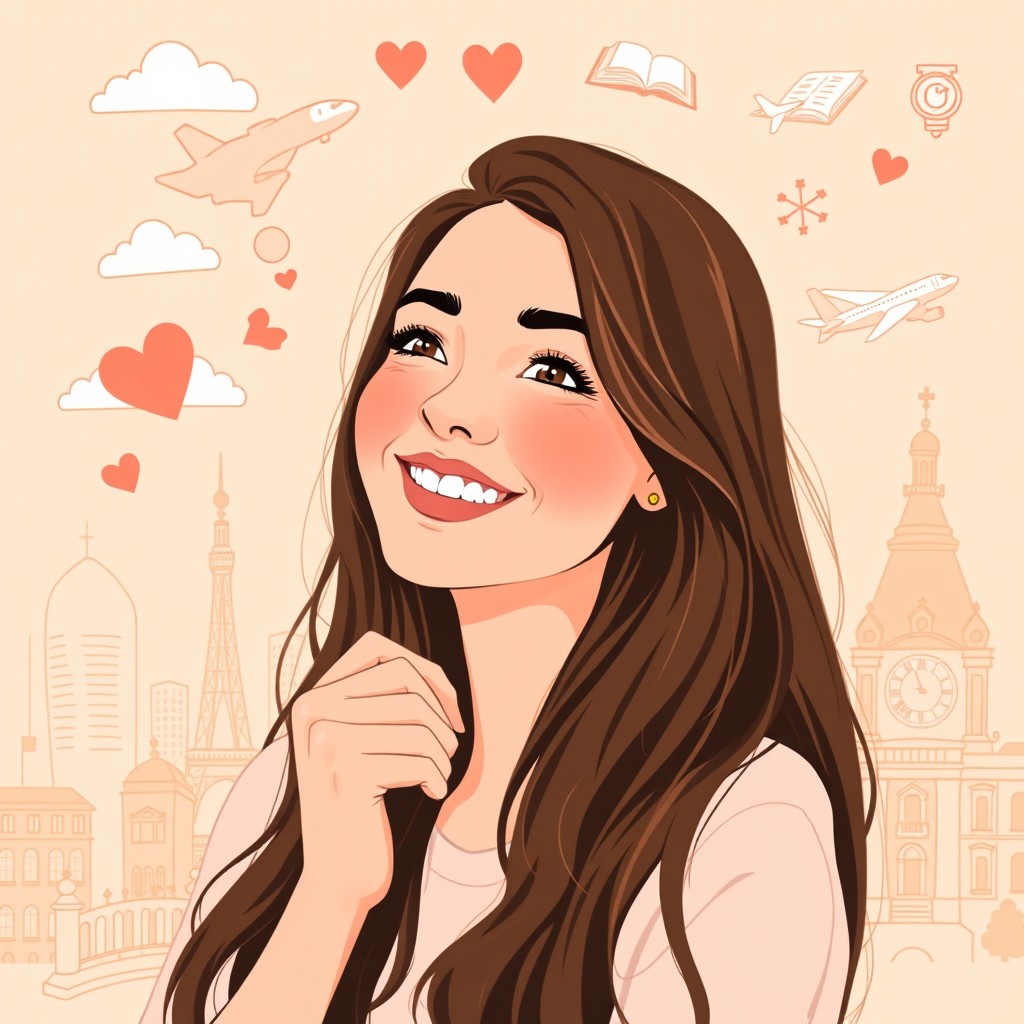 A cheerful 20-year-old woman with long brown hair, smiling and daydreaming about love, family, studies, and travel