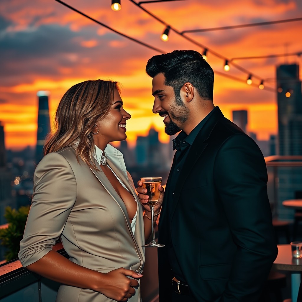 A captivating scene featuring a charismatic and attractive couple engaged in a flirtatious conversation, set against the backdrop of a chic city skyline at sunset