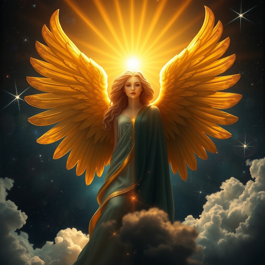 A majestic celestial angel embodying the theme of duality between light and shadow