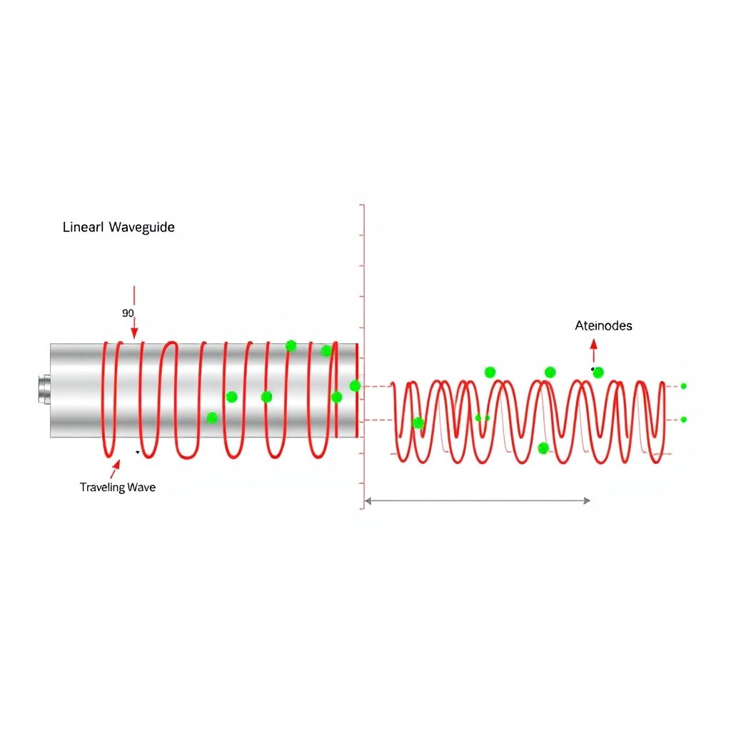A detailed schematic diagram of a linear accelerator divided into two sections: the left side labeled 'Traveling Wave' and the right side labeled 'Standing Wave'
