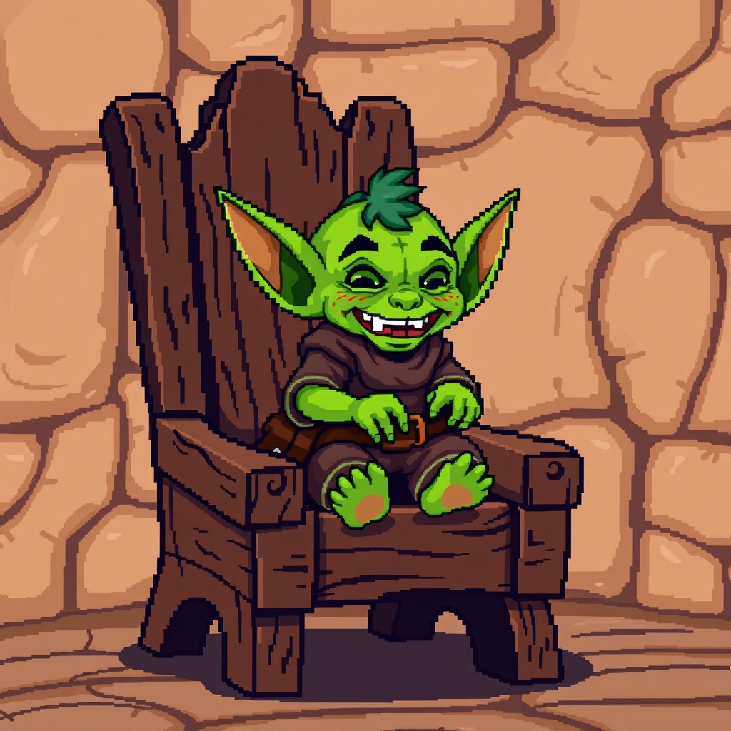 A pixel art representation of a small, mischievous goblin sitting on a wooden chair