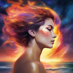 Create a fantastical drawing of a side-profile woman with skin like flames against the backdrop of a sunset beach scene, enhanced by the dramatic spectacle of colliding galaxies.