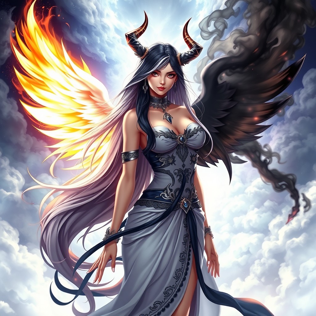 A stunning celestial woman embodying the duality of angel and devil, featuring a striking contrast of black and white hair flowing elegantly