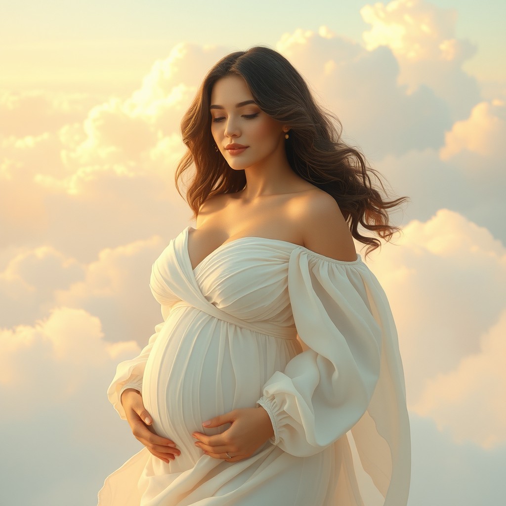 A beautiful, curvaceous woman in a soft, dreamy landscape, surrounded by fluffy clouds and pastel colors