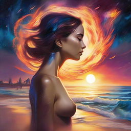 Create a fantastical drawing of a side-profile woman with skin like flames against the backdrop of a sunset beach scene, enhanced by the dramatic spectacle of colliding galaxies.