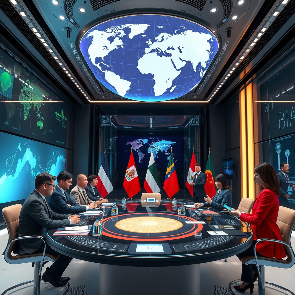 A futuristic setting showing AI technology revolutionizing diplomacy, featuring a high-tech conference room with holographic displays and diverse international diplomats engaging in discussions