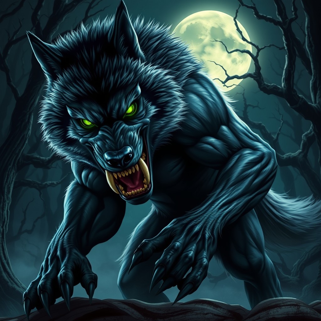 A ferocious werewolf in mid-attack, showcasing its muscular and animalistic features