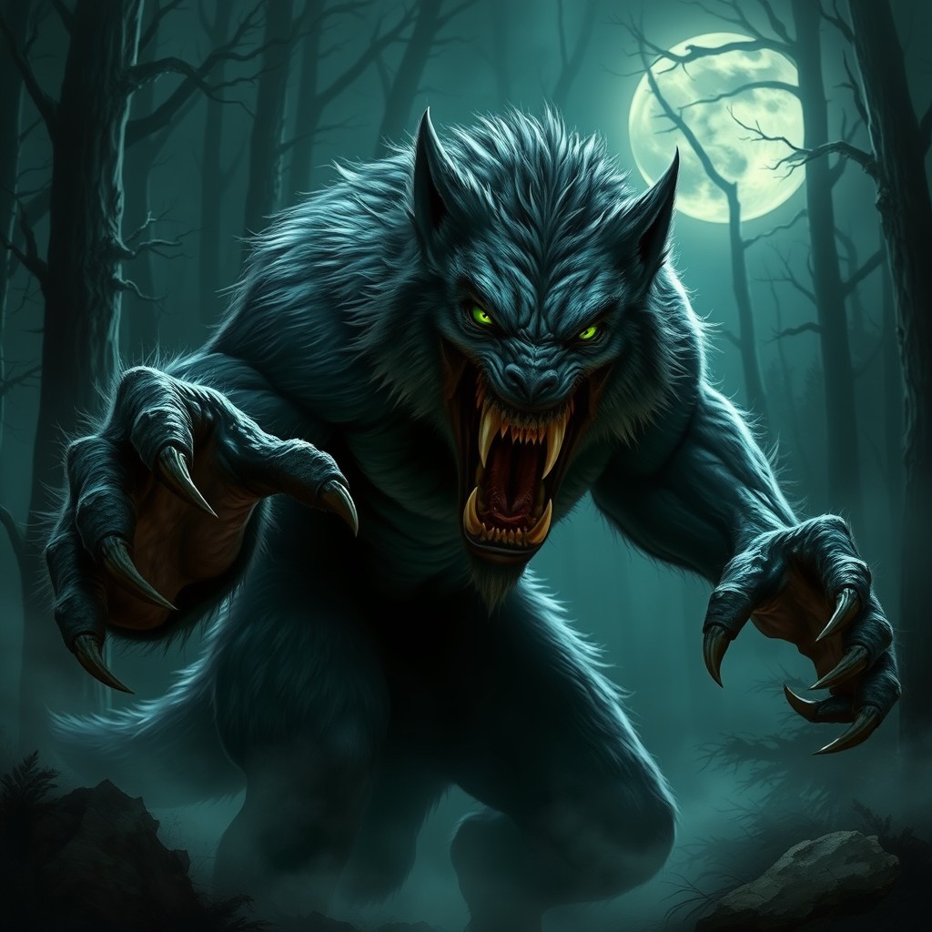 A ferocious, beastly werewolf in an aggressive stance, showcasing its sharp claws and exaggerated fangs