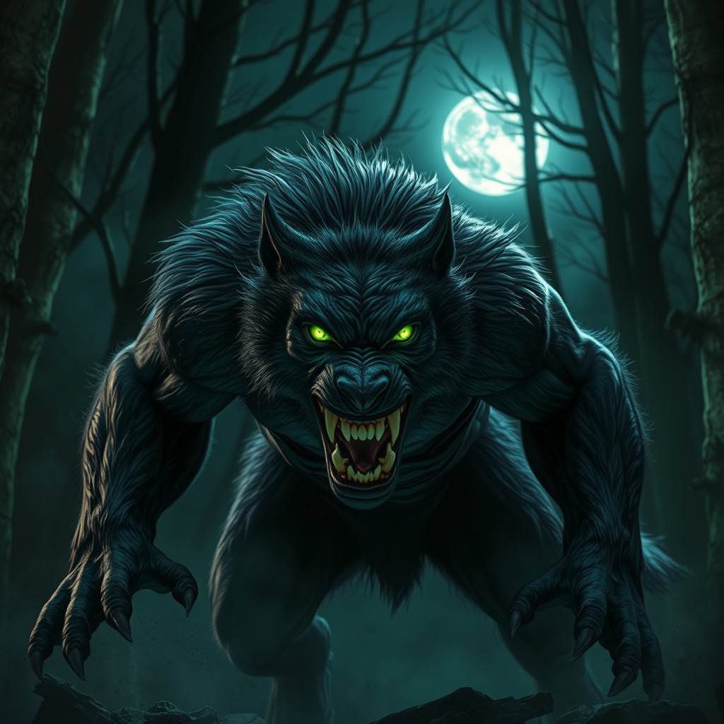 A ferocious beast resembling a werewolf in mid-attack, showcasing its muscular form and fierce expression