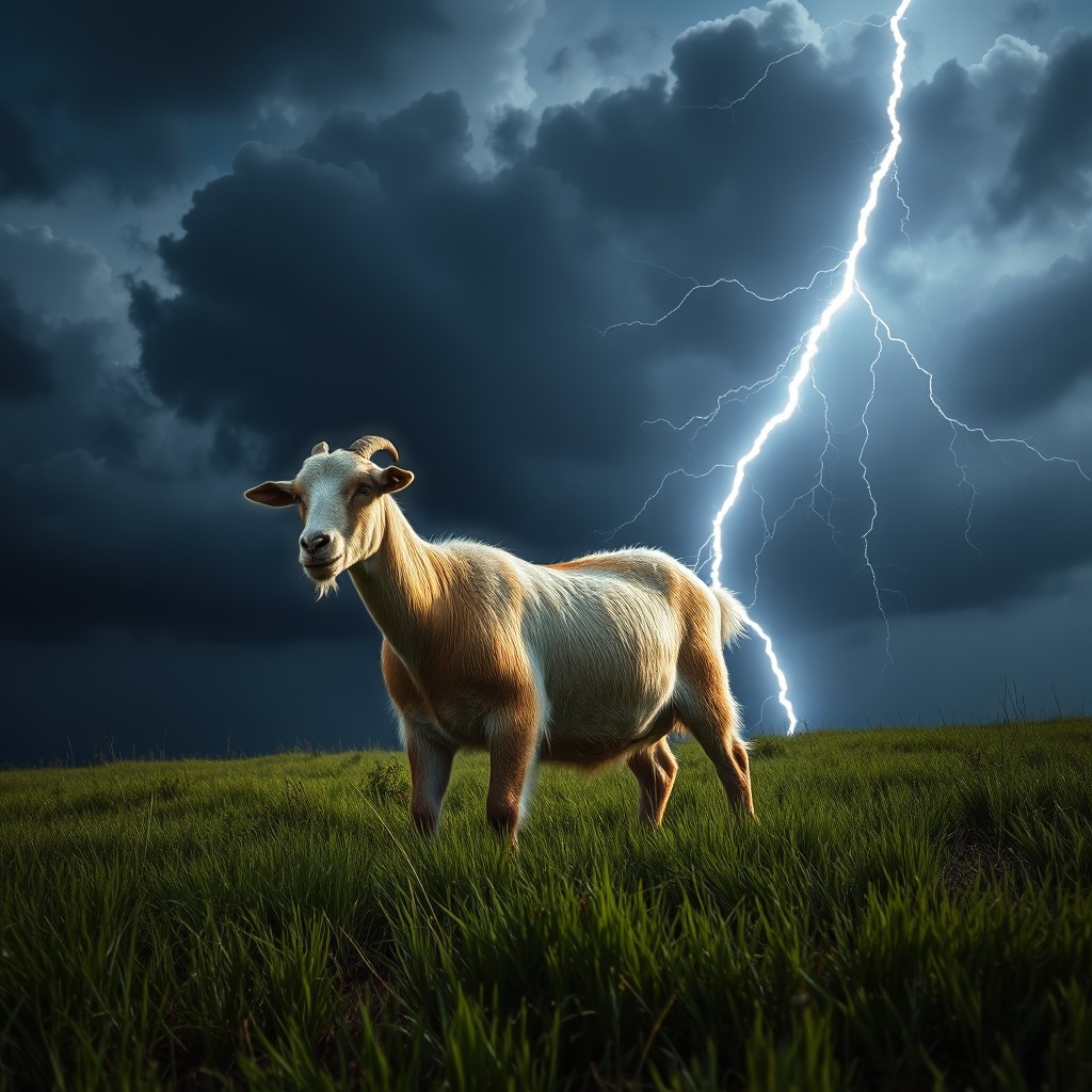 A realistic photo of a goat standing majestically in a lush green meadow at night, illuminated by an epic lightning strike in the background
