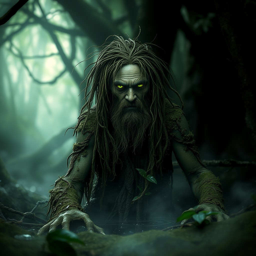 A mystical bog man emerging from a dense, misty forest