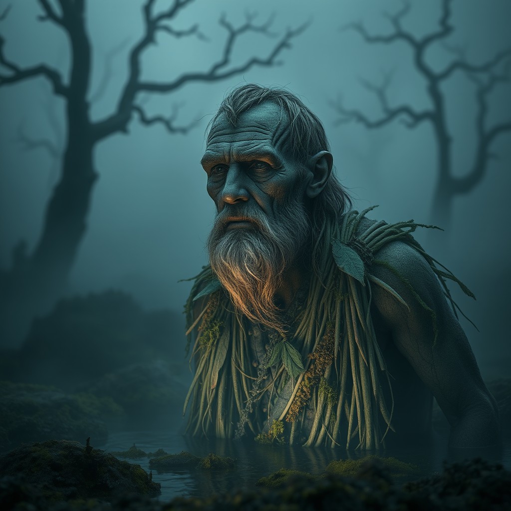 A mystical and ancient bog man emerging from a misty, dark peat bog