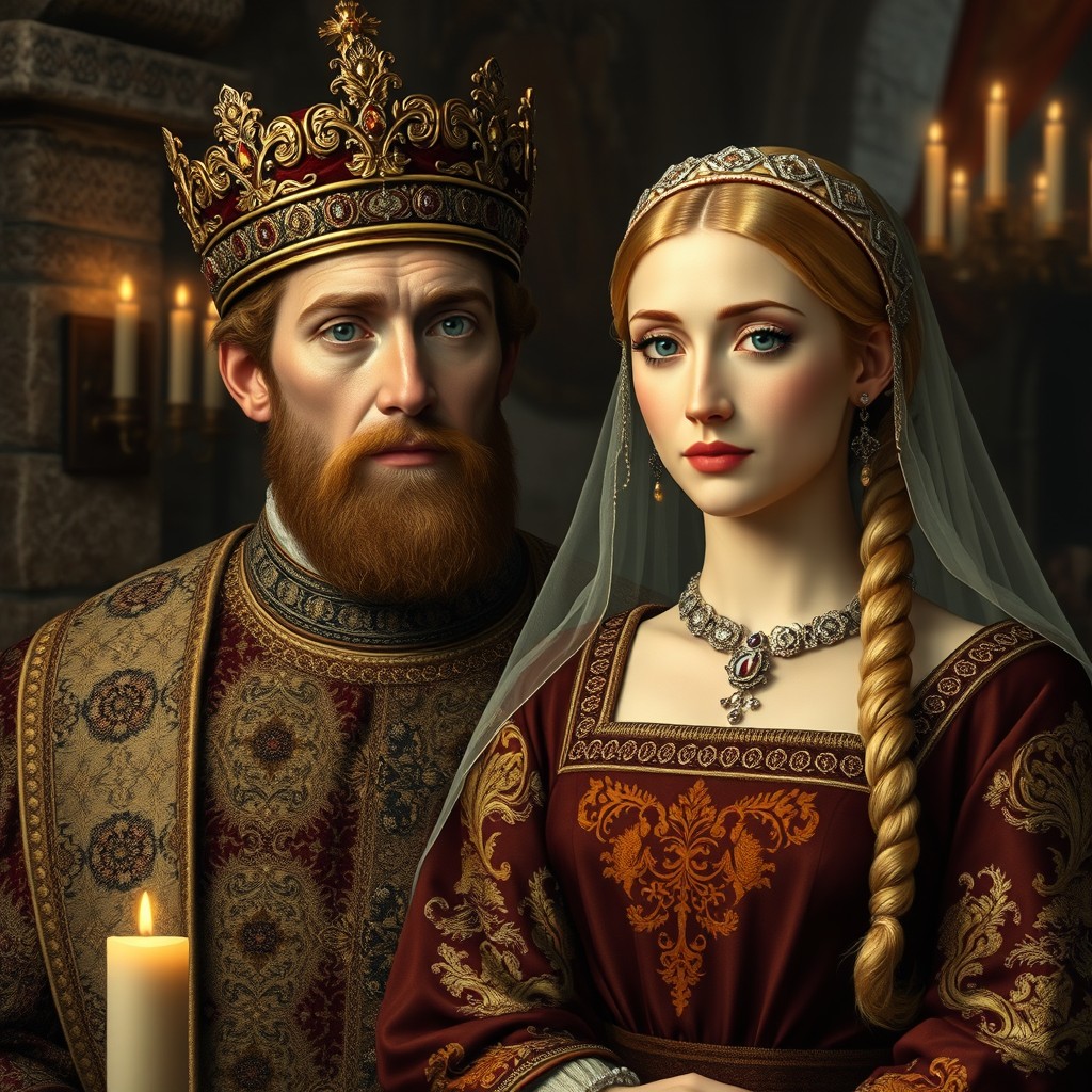 A photorealistic portrait of Louis the Blind, the Holy Roman Emperor, and his wife Anna of Constantinople, daughter of Leo VI the Wise