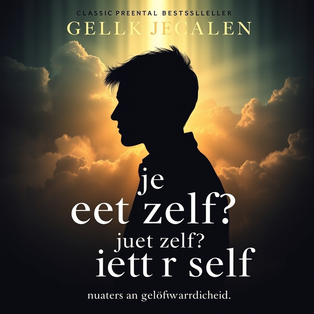 A captivating book cover design for a classic perennial bestseller titled "Geloof je het zelf?" with the subtitle "een eerlijke zoektocht naar de betekenis van geloofwaardigheid"