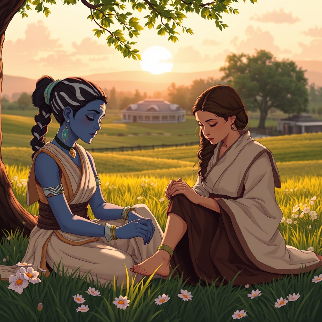 A serene scene featuring Ashoka Tano and Padmé Amidala, both in comfortable attire, sitting together under a shaded tree after a long day of training