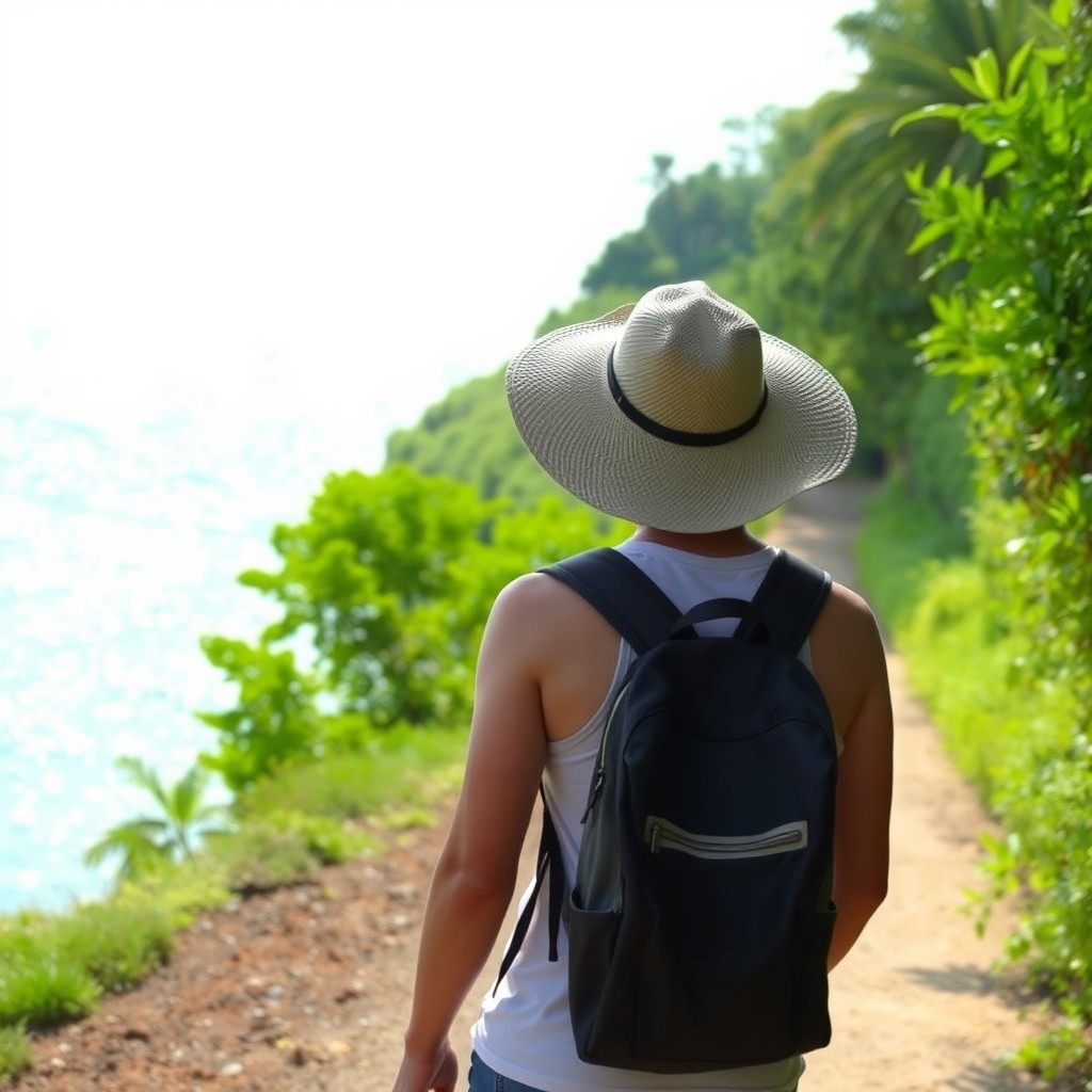 A person walking along a path where the right side features a shimmering sea, creating a tranquil atmosphere