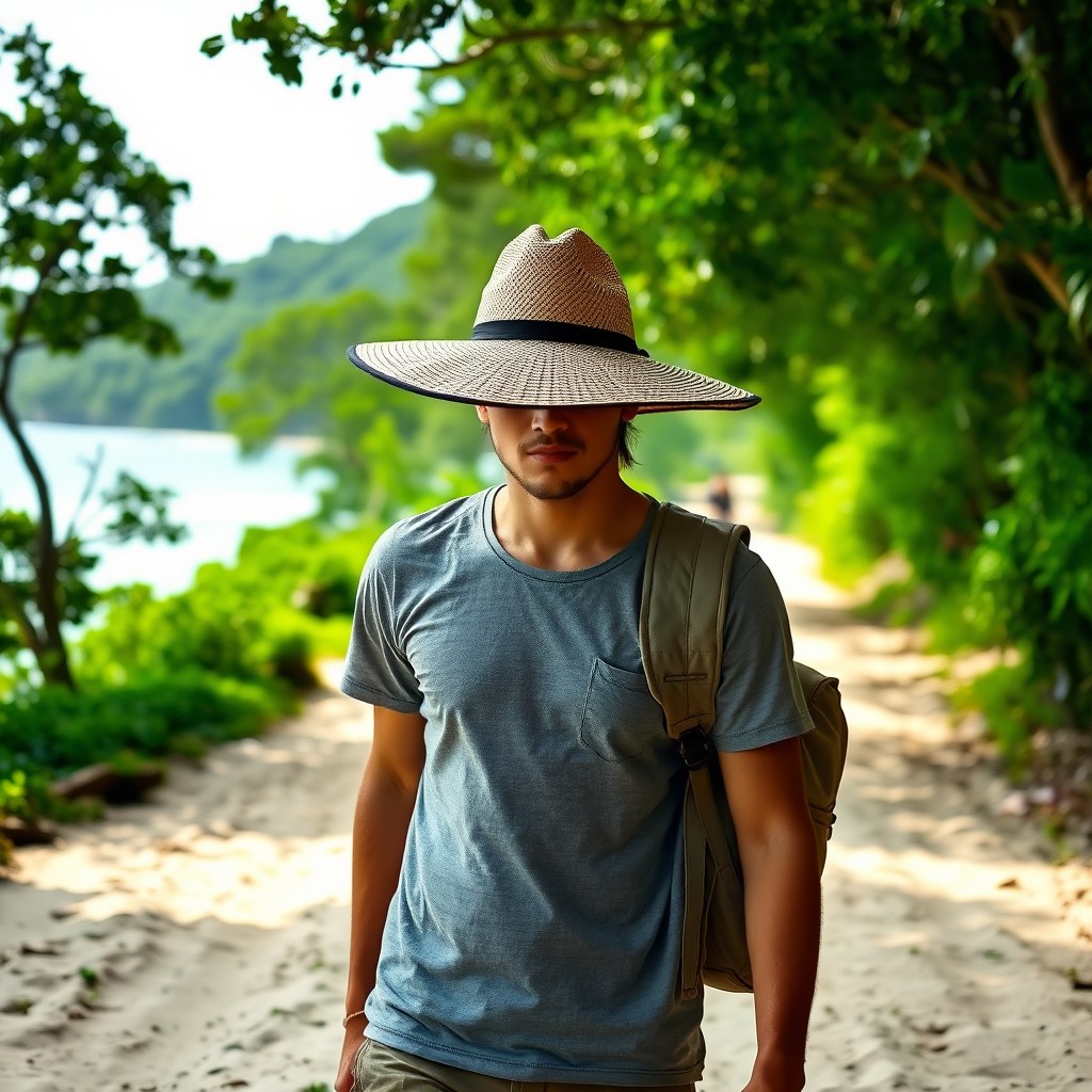 A person walking along a path, with the ocean on their right side depicted with gentle waves and a serene backdrop