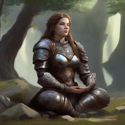 dwarven female kineticist meditates wearing her heavy armor while nature's energy surrounds her