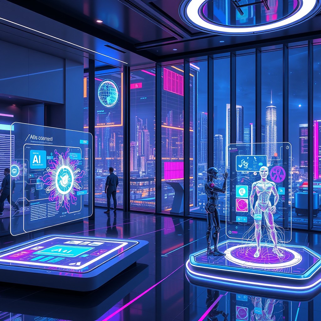 A futuristic scene featuring advanced AI models displayed as holographic interfaces in a sleek, modern tech environment