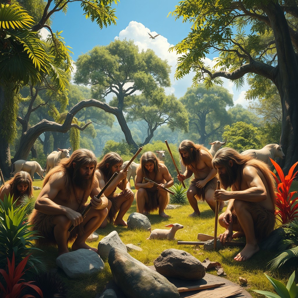 A vivid scene depicting ancient humans in a prehistoric setting