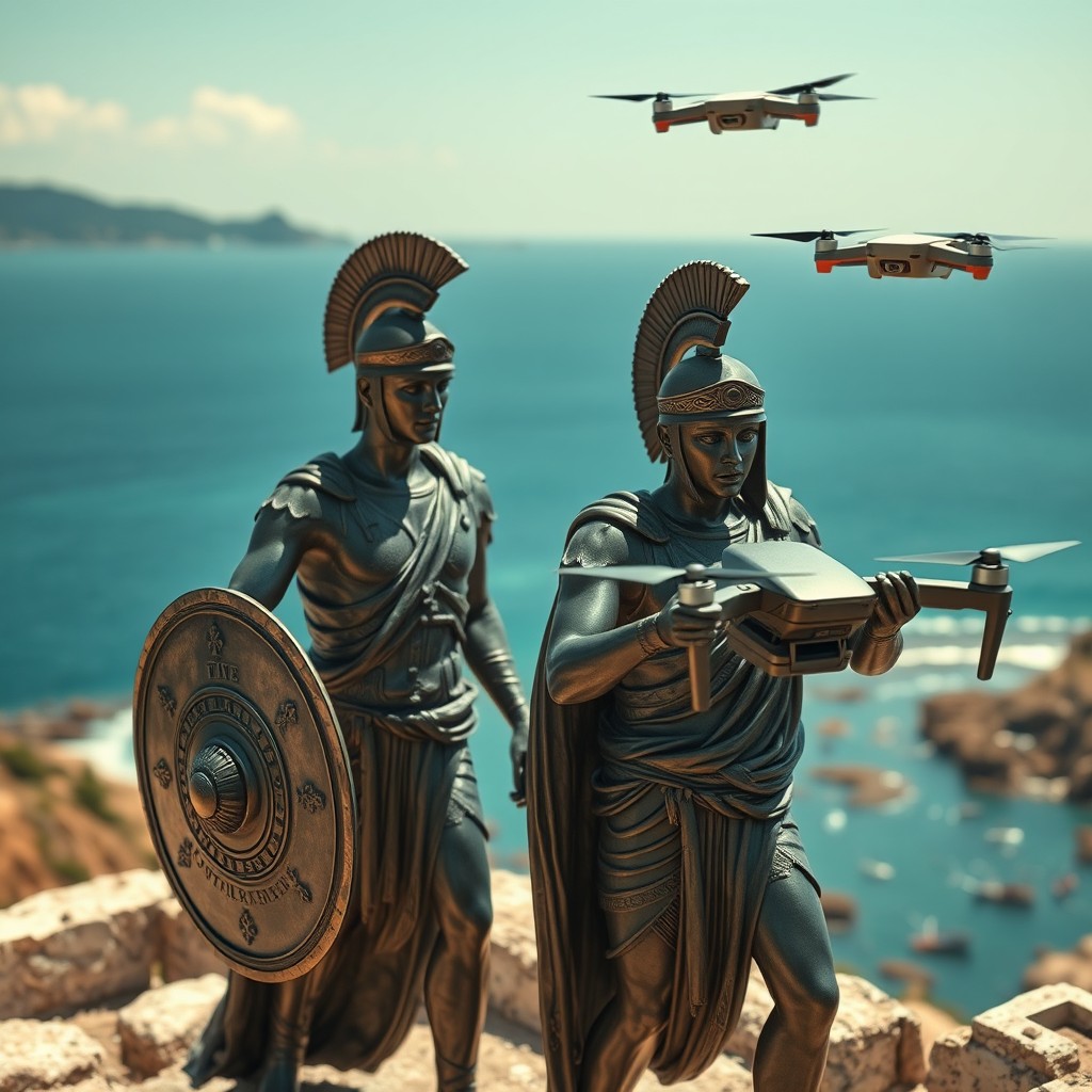 The Riace bronzes, two ancient Greek warriors, are depicted in an imaginative scene piloting FPV drones